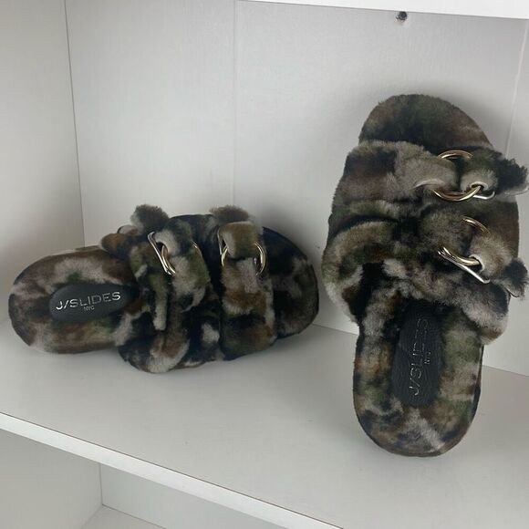 J/SLIDES Genuine Shearling 2 Strap Platform Slide Sandals camouflage 7 - Picture 2 of 9